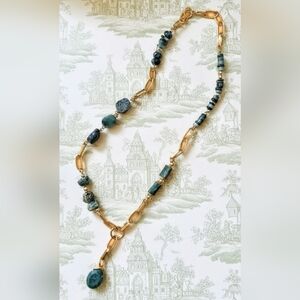 Genuine Emerald  In Free Form Assymetrical Design With Paperclip Chain Necklace